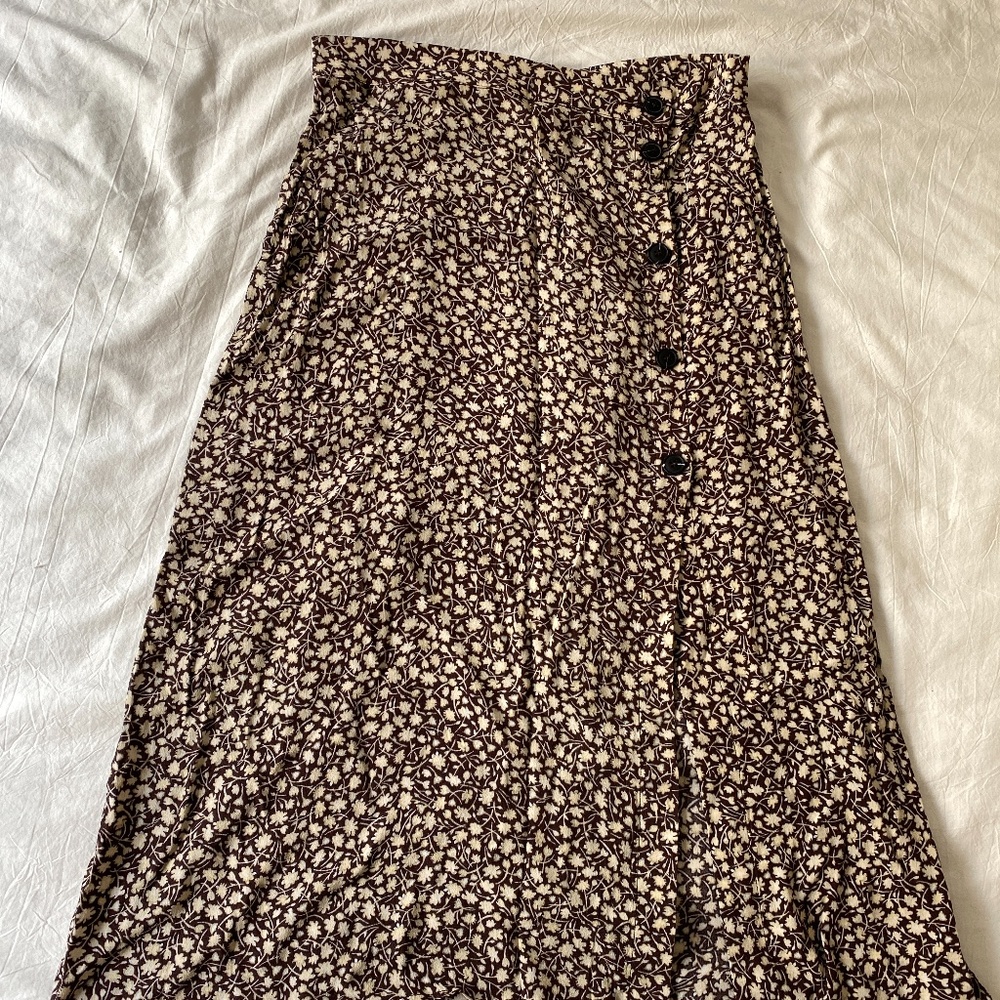 Brown and White Floral Midi Skirt with Slit